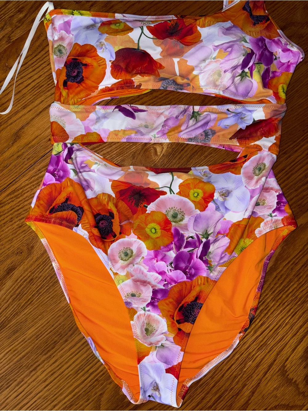 aerie Floral One-Shoulder Cutout One-Piece Swimsuit — Orange, Purple, Pink - Picture 4 of 6